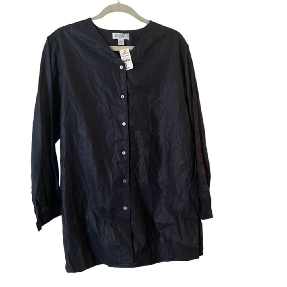 NWT Lord & Taylor old stock black 100% linen button down oversized tunic shirt